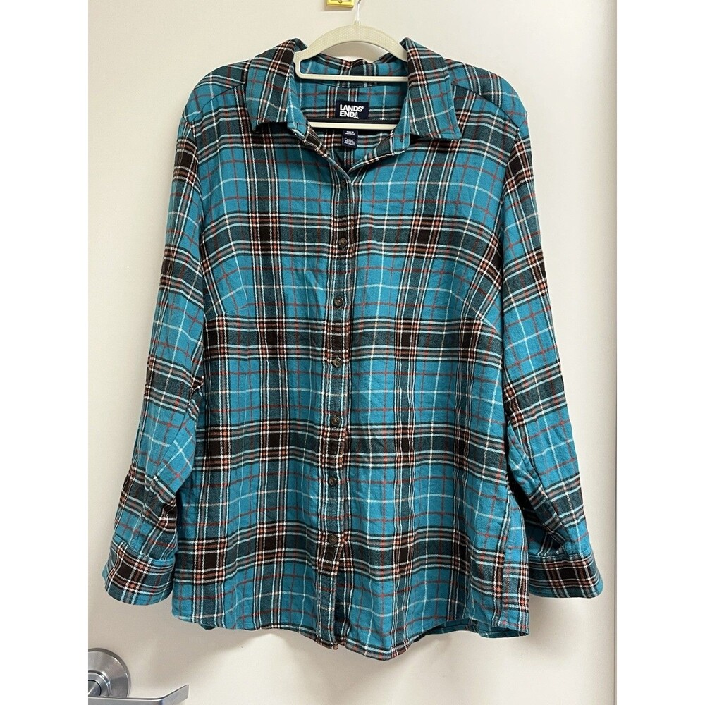 Lands' End Teal Plaid Flannel Collared Button-Up Long Sleeve Shirt XL